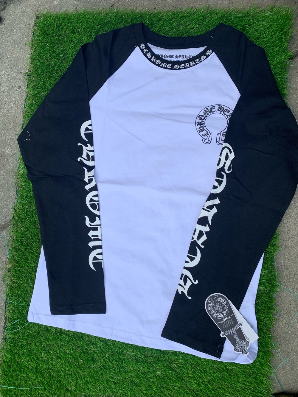 Chrome Hearts Black and White Long-Sleeve Raglan Tee with Sleeve Script
